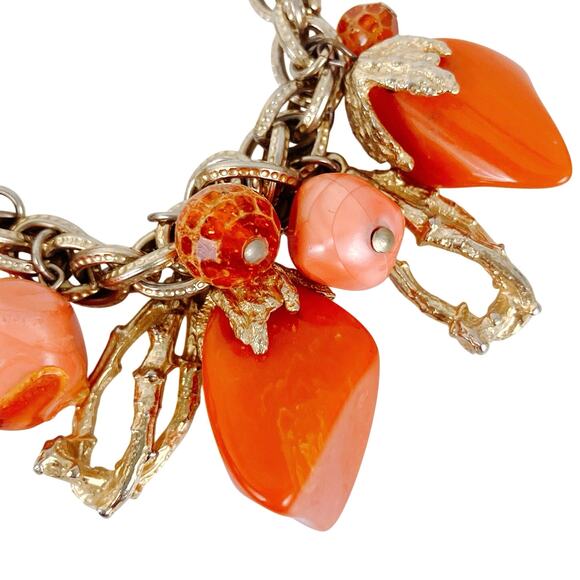 Vintage 1960s Gold Tone Orange Acrylic Charm Bracelet Abstract Mod Brutalist - Picture 3 of 9
